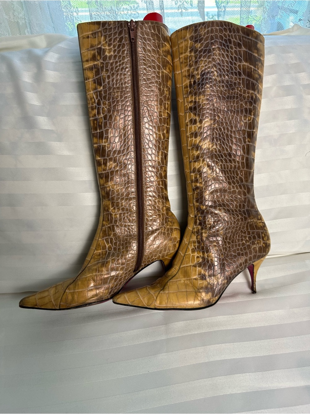 Emanuel Ungaro Croc Embossed Leather Knee High Stiletto Boots 7.5